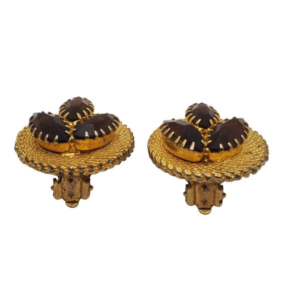Retro Gold Mesh Clip on Earrings Brown Glass Bling MCM Rhinestones Vintage 1960s - Picture 6 of 6